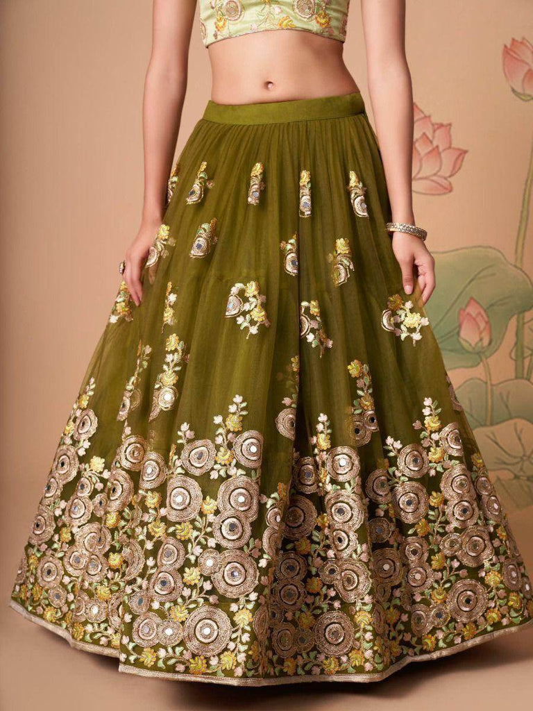 Gorgeous Olive Green Embroidered Net Wedding Lehenga Choli