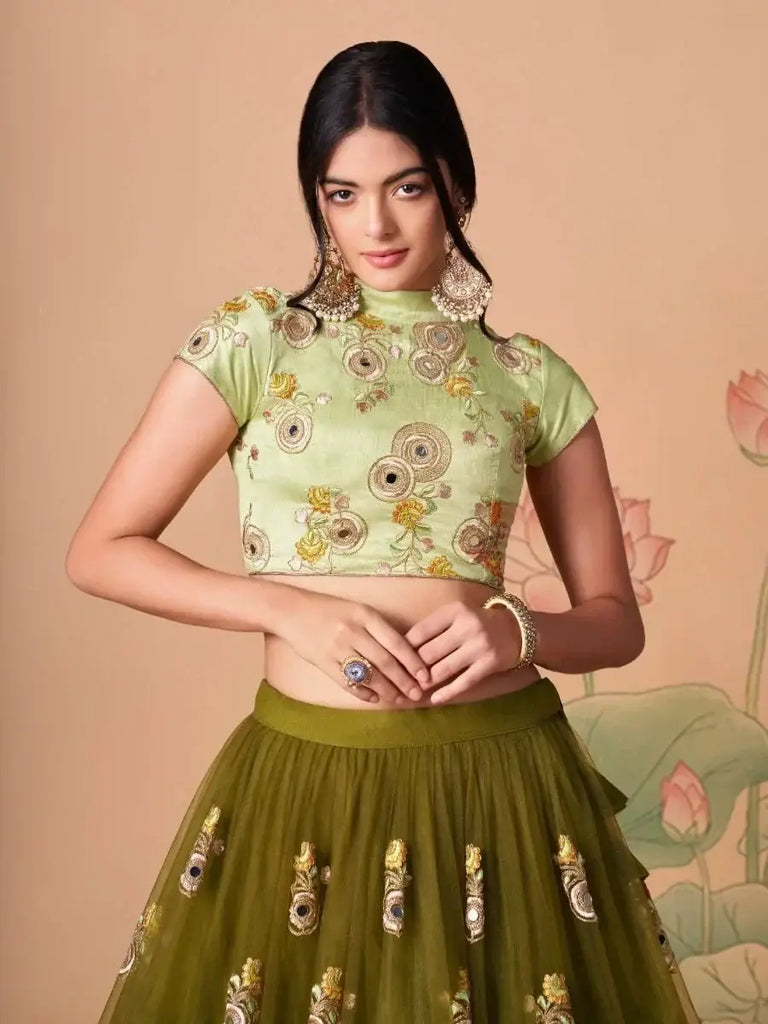 Gorgeous Olive Green Embroidered Net Wedding Lehenga Choli