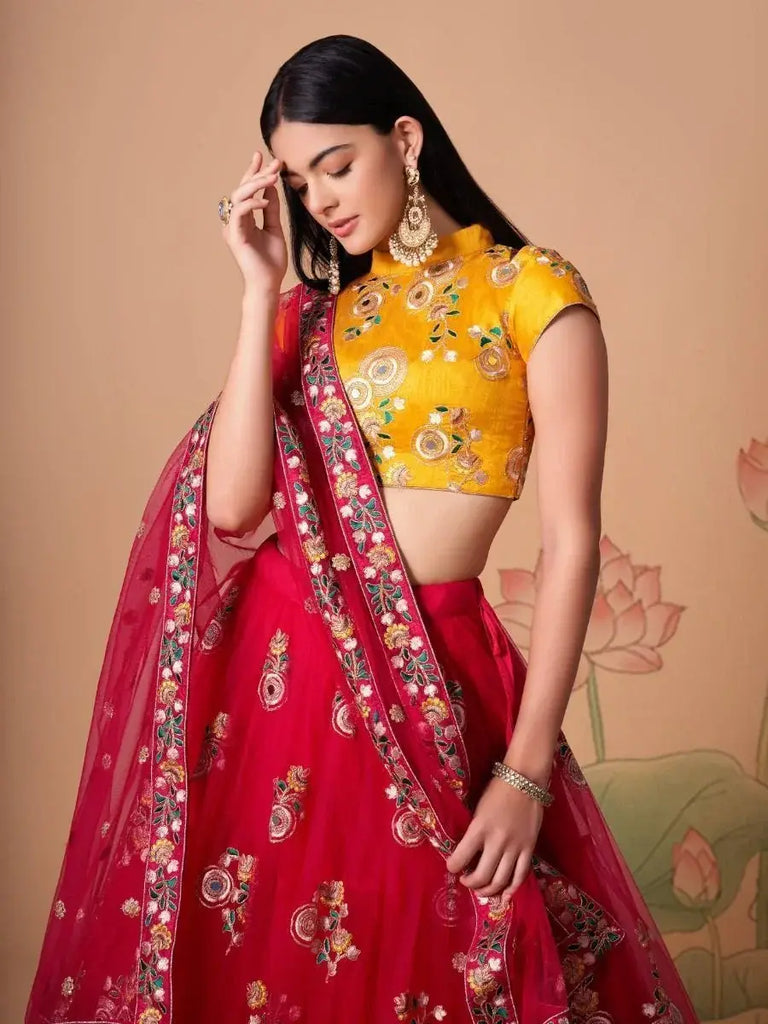 Vibrant Pink embroidered Net Designer Lehenga choli