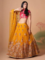 Dazzling Yellow Sequins Work Net Designer Lehenga Choli