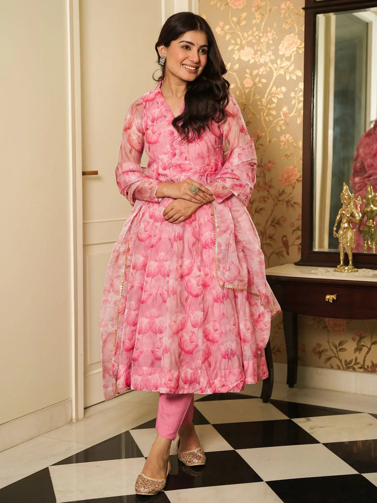 Interesting Pink Printed Organza Function Wear Anarkali Suit Pant