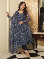 Bewitching Navy Blue Printed Organza Readymade Anarkali Suit Pant