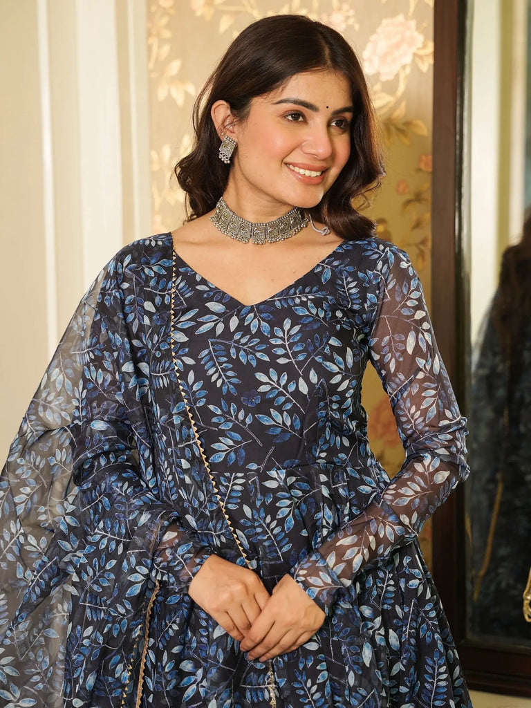 Bewitching Navy Blue Printed Organza Readymade Anarkali Suit Pant