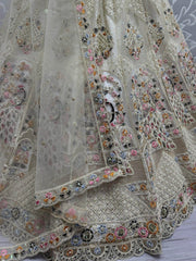 Tantalizing Off - White Thread Work Net Wedding Lehenga Choli - Ethnic Plus In