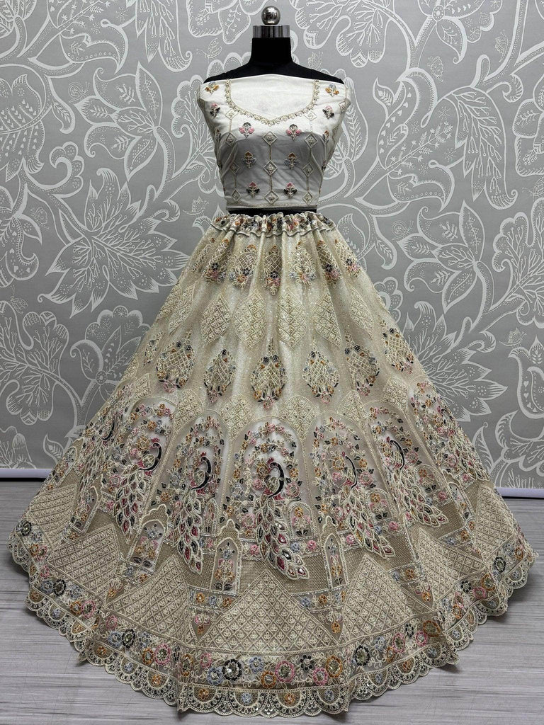 Tantalizing Off - White Thread Work Net Wedding Lehenga Choli - Ethnic Plus In