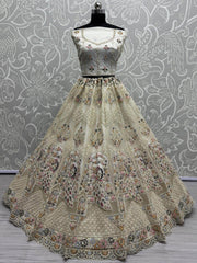 Tantalizing Off - White Thread Work Net Wedding Lehenga Choli - Ethnic Plus In