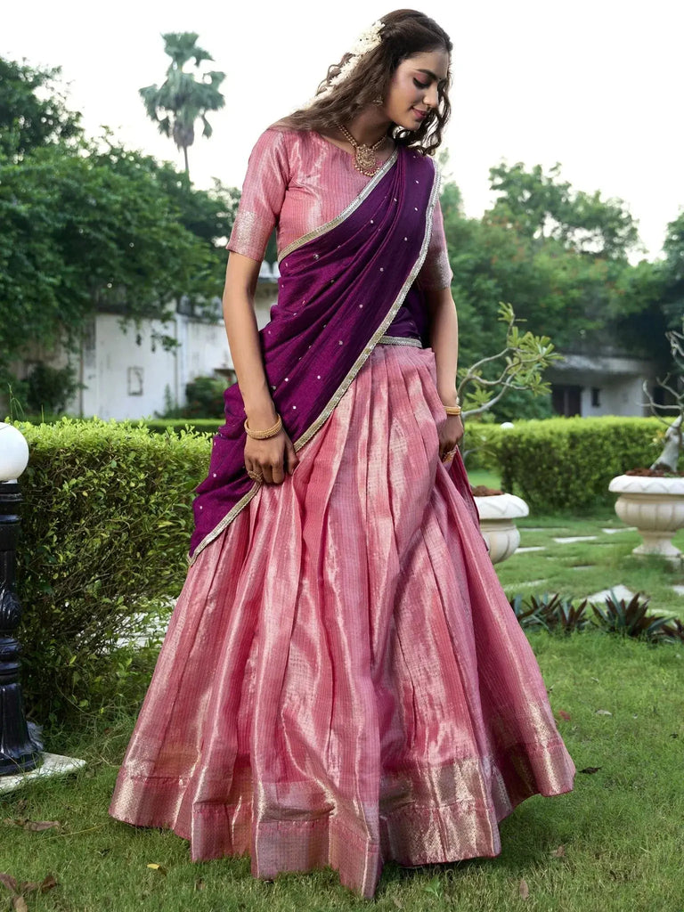 Tantalizing Pink Zari Weaving Silk Wedding Lehenga Choli With Dupatta - Ethnic Plus In