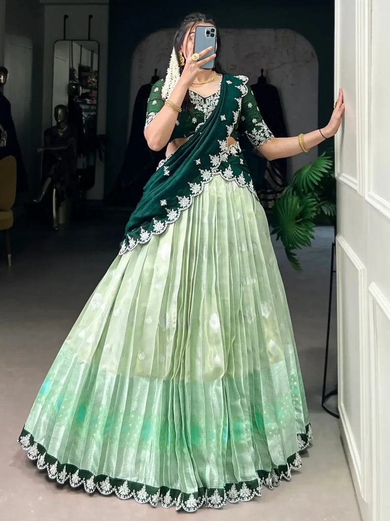 Tantalizing Pista Green Zari Weaving Silk Lehenga Choli With Dupatta - Ethnic Plus In