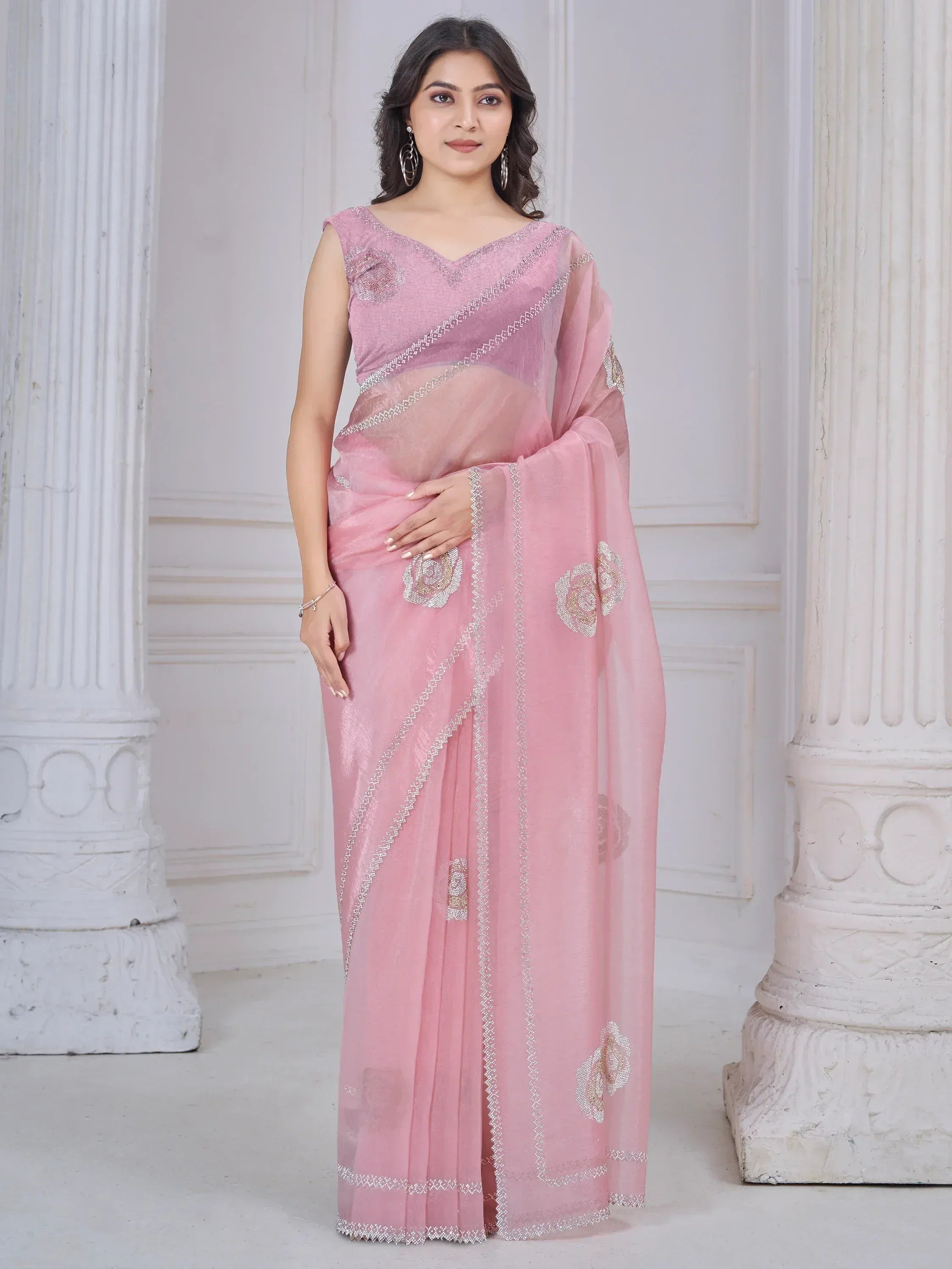 Pink designer saree with floral embroidery and silver border, elegant ethnic wear for women