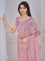 Tantalizing Baby Pink Jarkan Work Organza Party Wear Saree