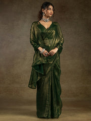 Tantalizing Green Chiffon Pre-Stitched Bollywood Saree With Blouse