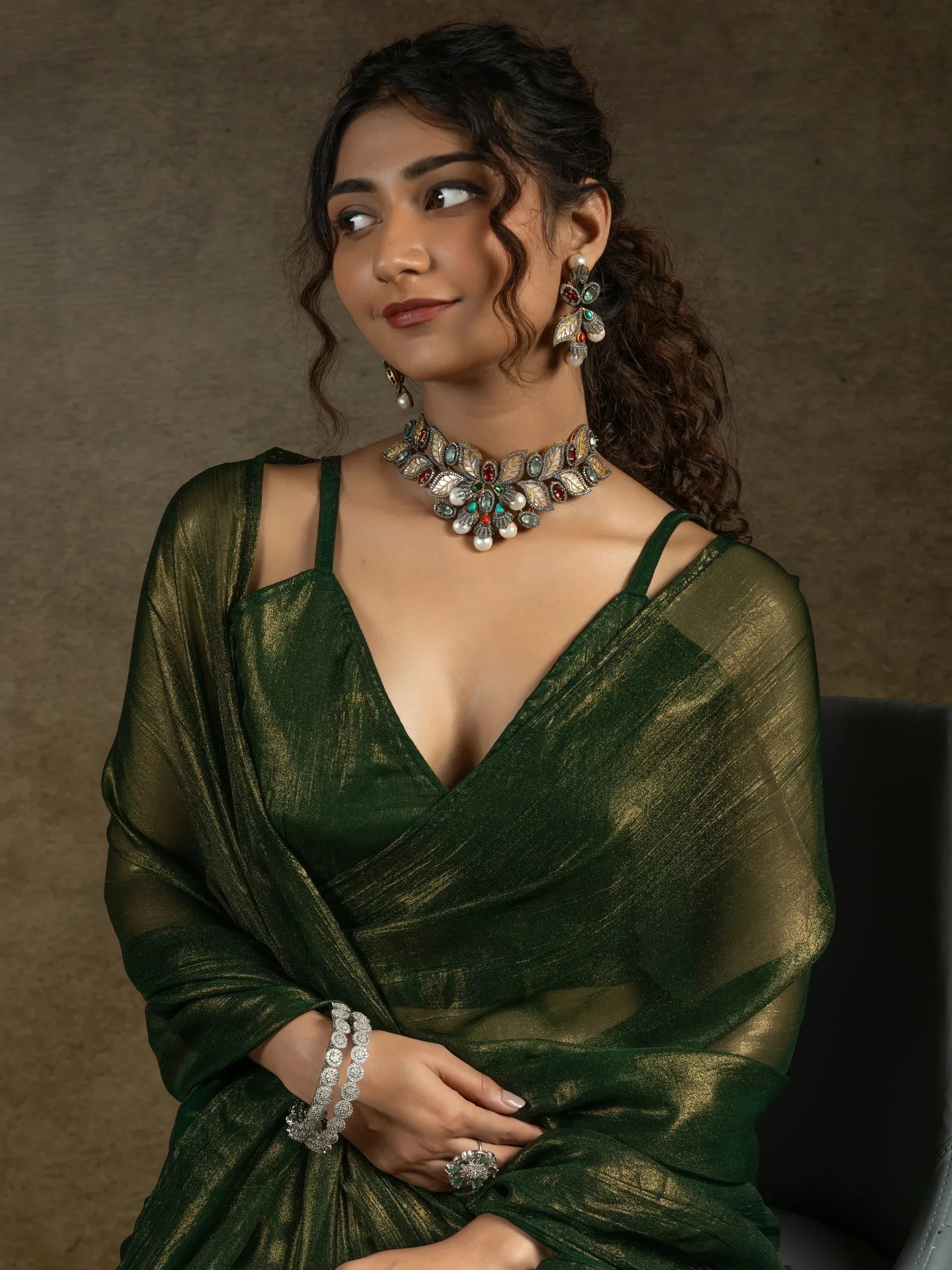 Tantalizing Green Chiffon Pre-Stitched Bollywood Saree With Blouse