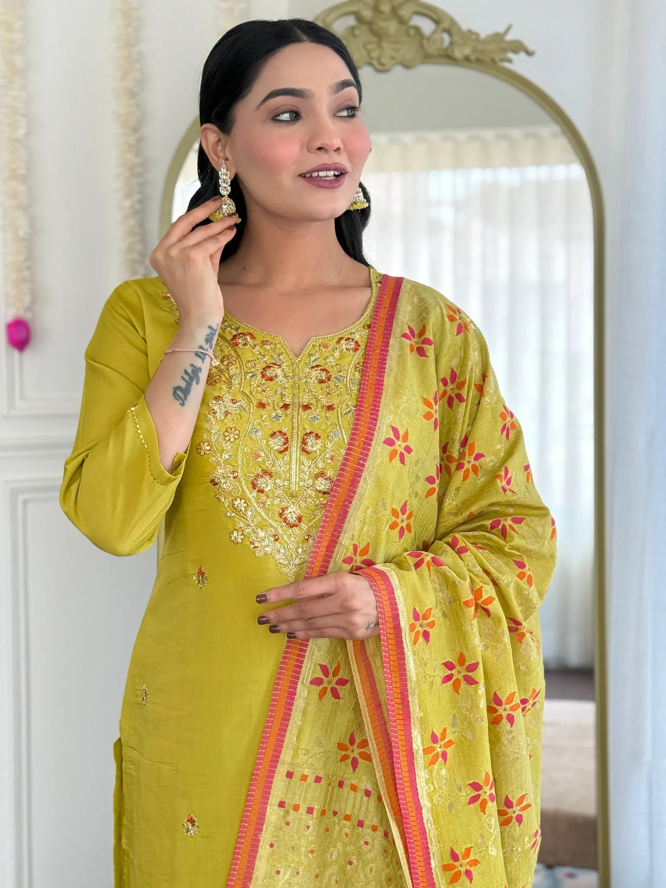 Tantalizing Yellow Thread Embroidery Chanderi Straight Suit Pant