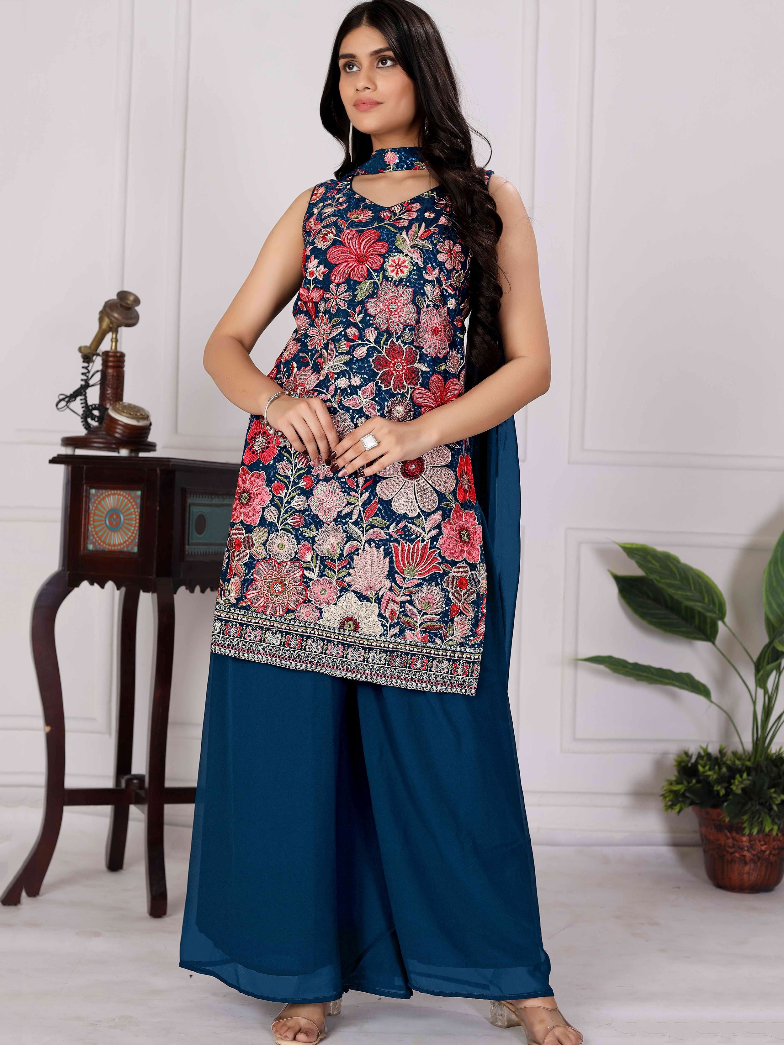 Graceful Teal Blue Embroidered Georgette Wedding Wear Palazzo Suit