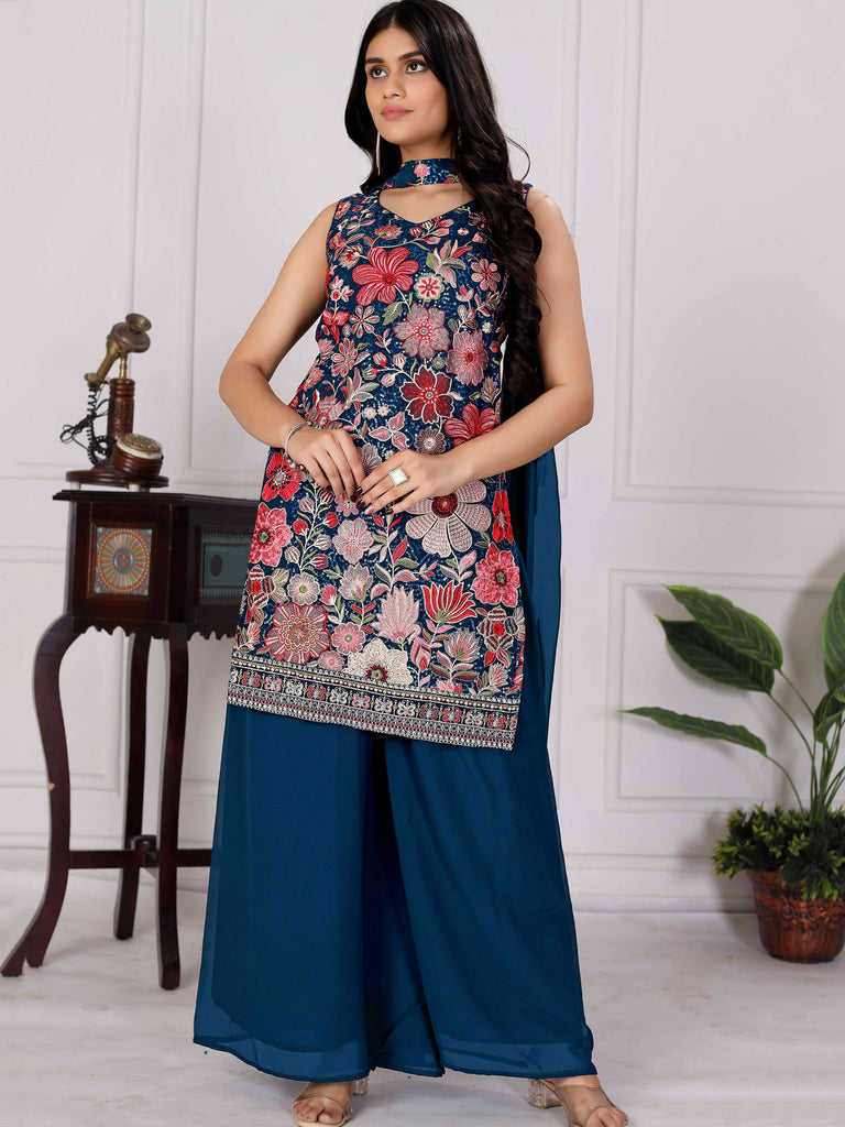 Graceful Teal Blue Embroidered Georgette Wedding Wear Palazzo Suit