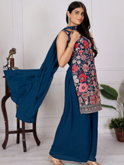 Graceful Teal Blue Embroidered Georgette Wedding Wear Palazzo Suit