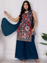 Graceful Teal Blue Embroidered Georgette Wedding Wear Palazzo Suit