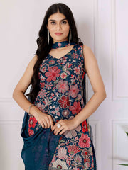 Graceful Teal Blue Embroidered Georgette Wedding Wear Palazzo Suit