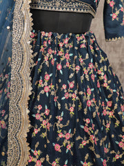 Incredible Teal Blue Embroidery Chinon Silk Wedding Wear Lehenga Choli