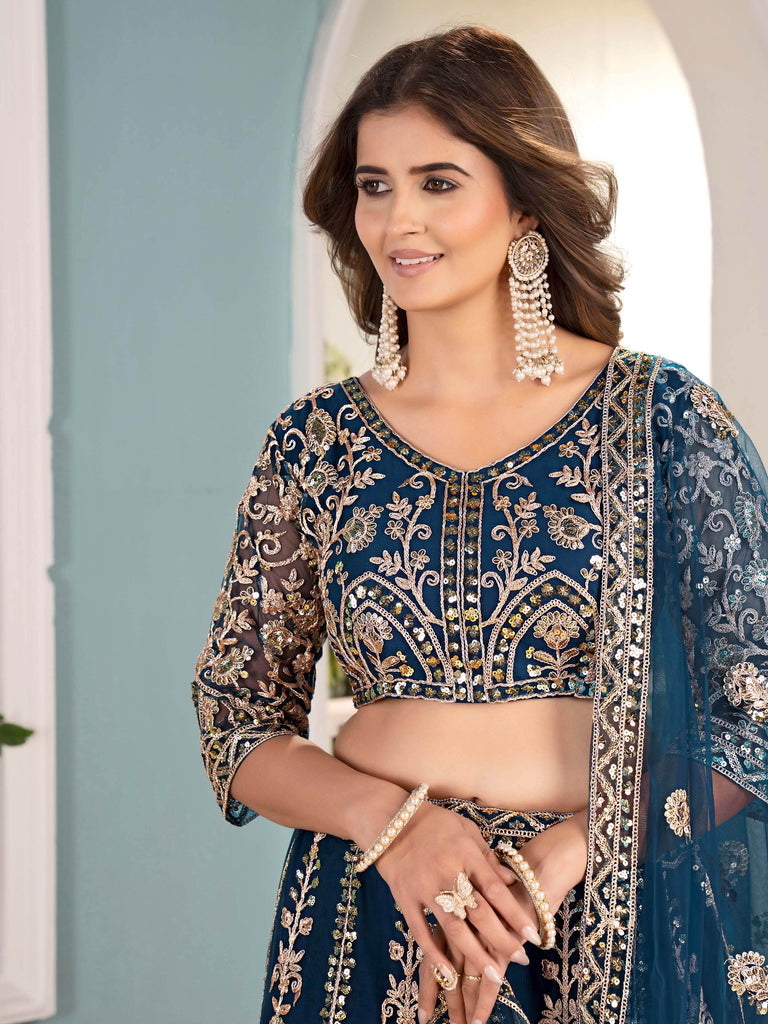 Glorious Teal Blue Net Coding Work Reception Wear Lehenga Choli