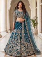 Lovable Teal Blue Coding Work Net Reception Wear Lehenga Choli