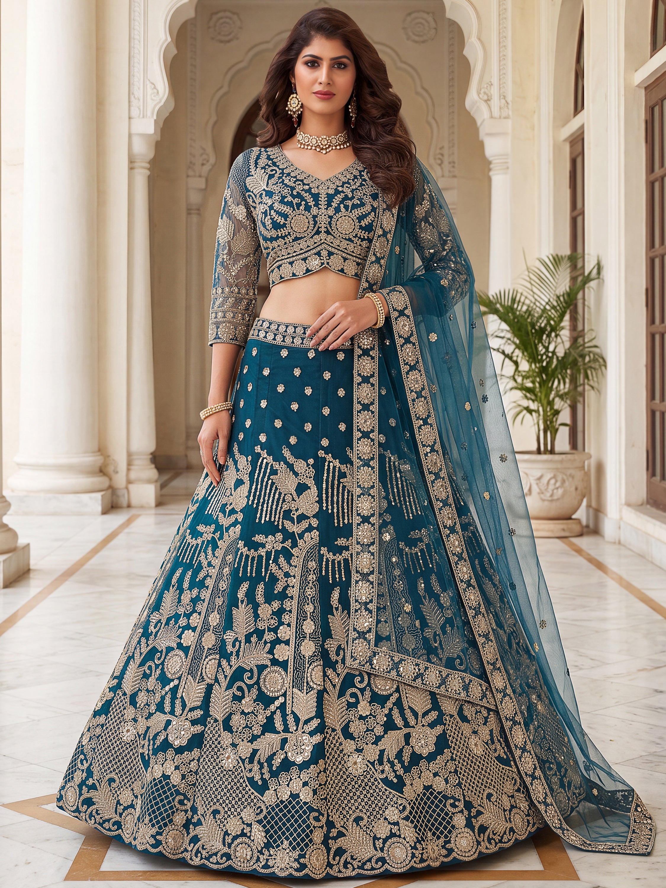 Lovable Teal Blue Coding Work Net Reception Wear Lehenga Choli