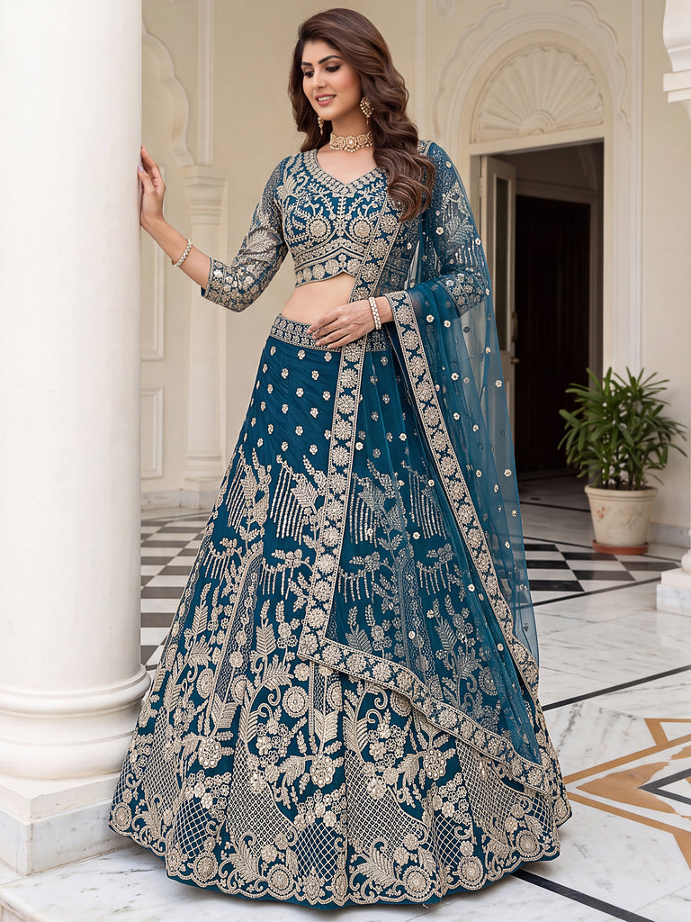 Lovable Teal Blue Coding Work Net Reception Wear Lehenga Choli