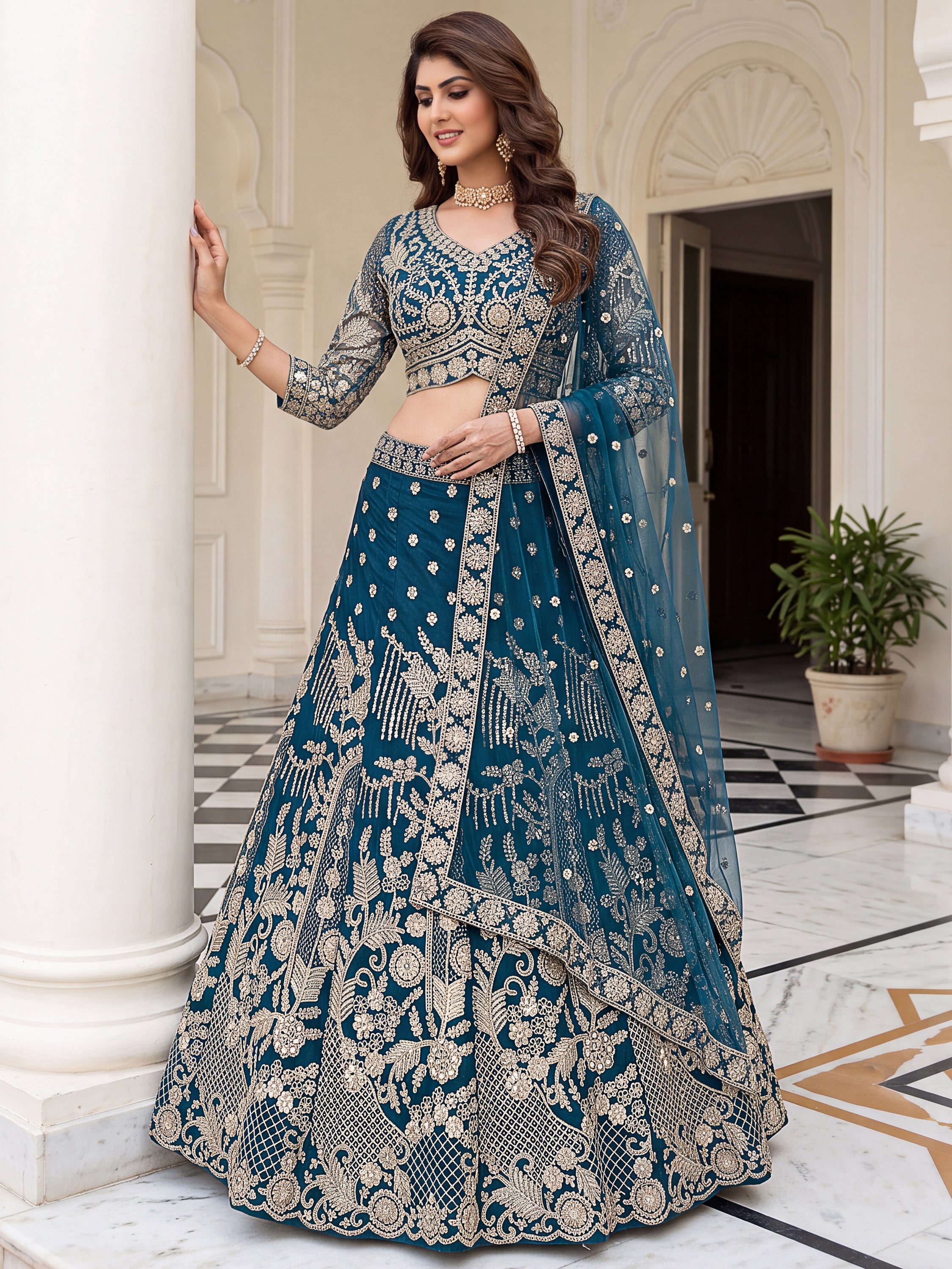 Lovable Teal Blue Coding Work Net Reception Wear Lehenga Choli