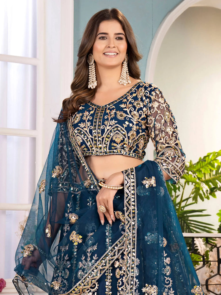Glorious Teal Blue Net Coding Work Reception Wear Lehenga Choli