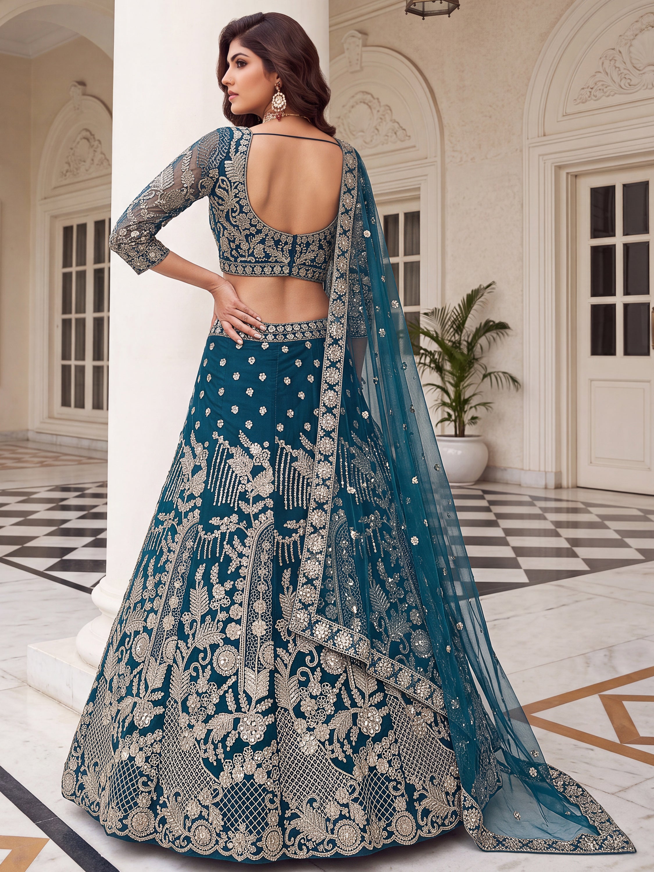 Lovable Teal Blue Coding Work Net Reception Wear Lehenga Choli