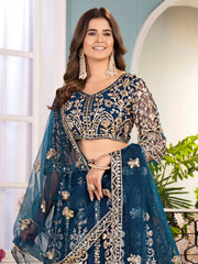 Glorious Teal Blue Net Coding Work Reception Wear Lehenga Choli