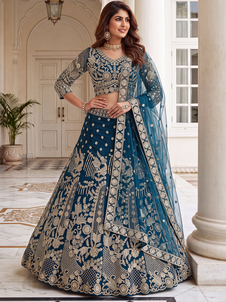 Lovable Teal Blue Coding Work Net Reception Wear Lehenga Choli