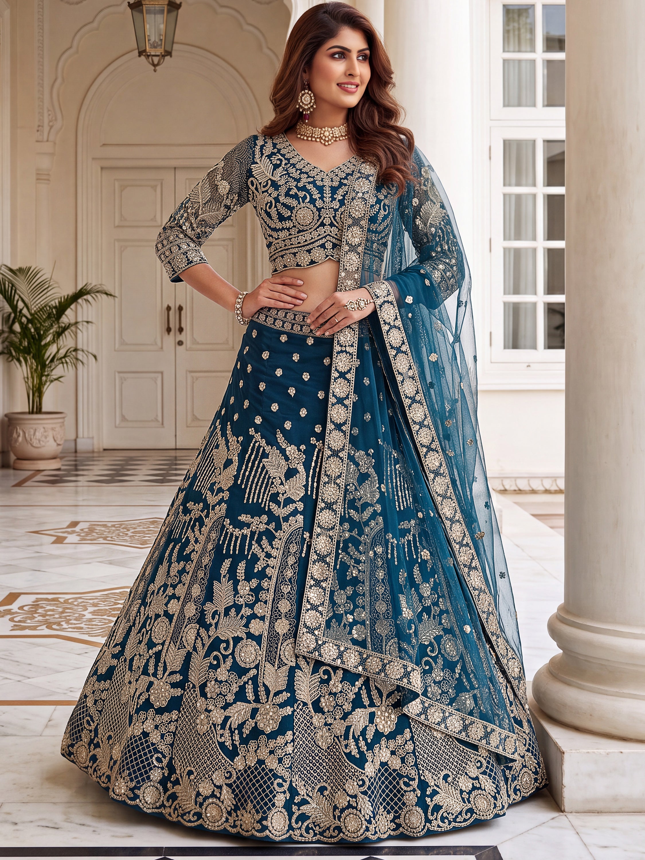 Lovable Teal Blue Coding Work Net Reception Wear Lehenga Choli