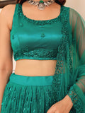 Stunning Teal Green Soft Net Sequins Monochrome Lehenga Choli