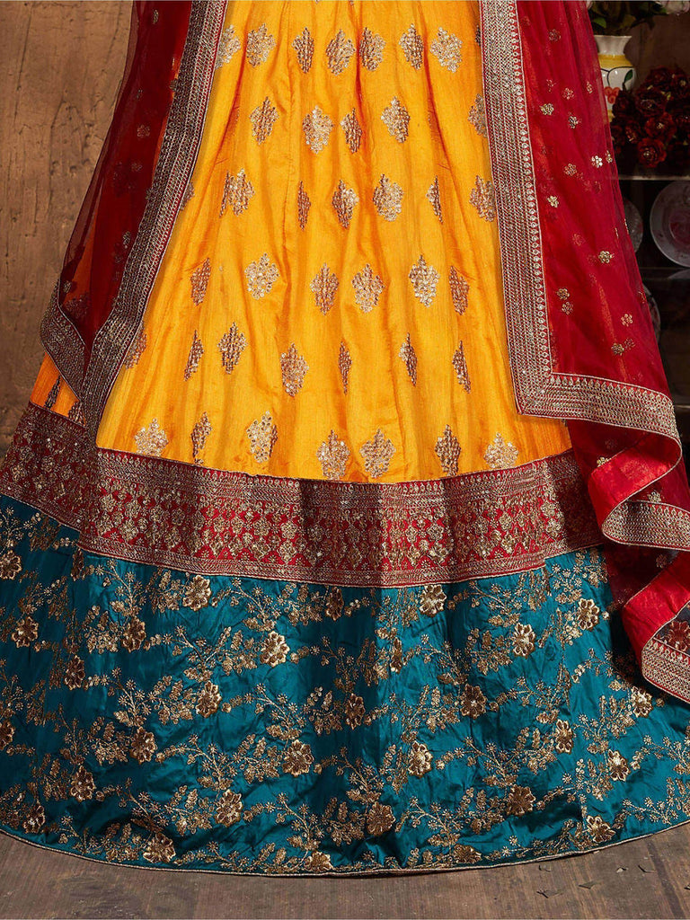 Teal Green -Yellow Embroidery Banarasi Silk Bridal Lehenga Choli With Maroon Dupatta