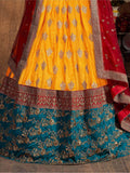 Teal Green -Yellow Embroidery Banarasi Silk Bridal Lehenga Choli With Maroon Dupatta