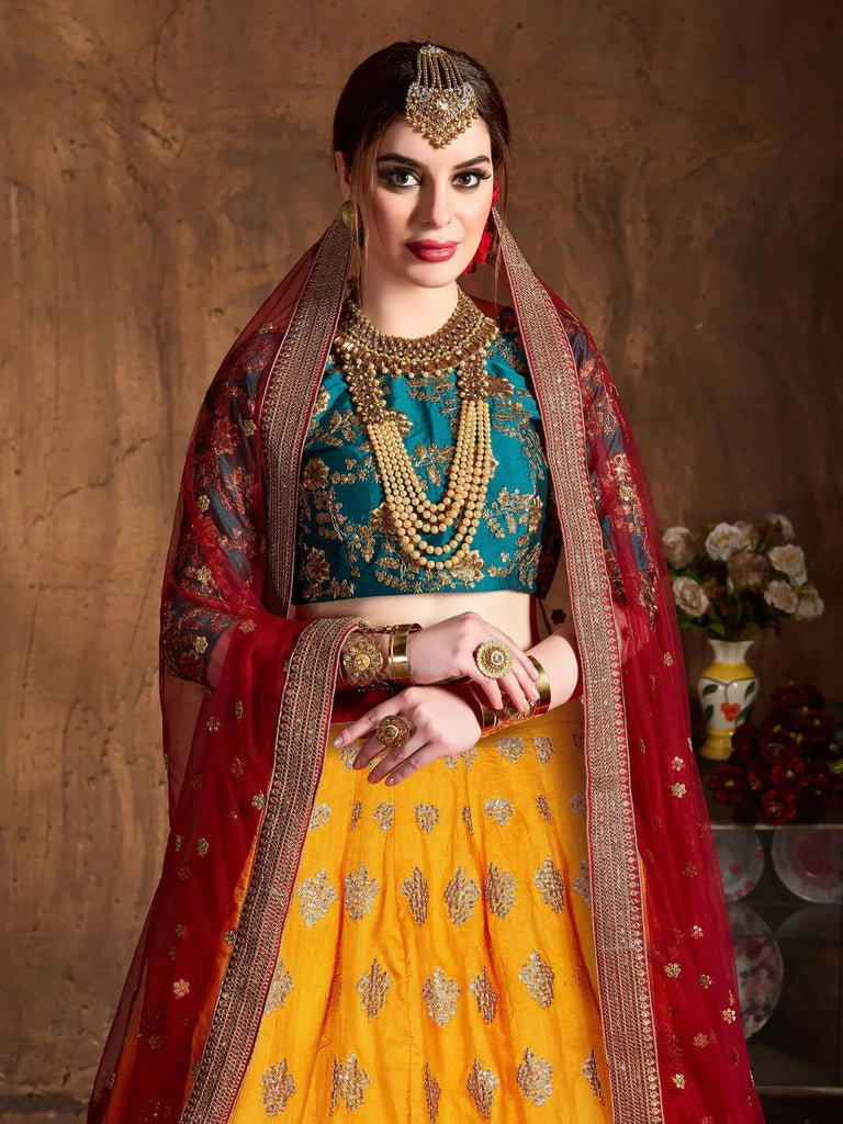 Teal Green -Yellow Embroidery Banarasi Silk Bridal Lehenga Choli With Maroon Dupatta