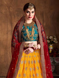 Teal Green -Yellow Embroidery Banarasi Silk Bridal Lehenga Choli With Maroon Dupatta