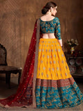 Teal Green -Yellow Embroidery Banarasi Silk Bridal Lehenga Choli With Maroon Dupatta