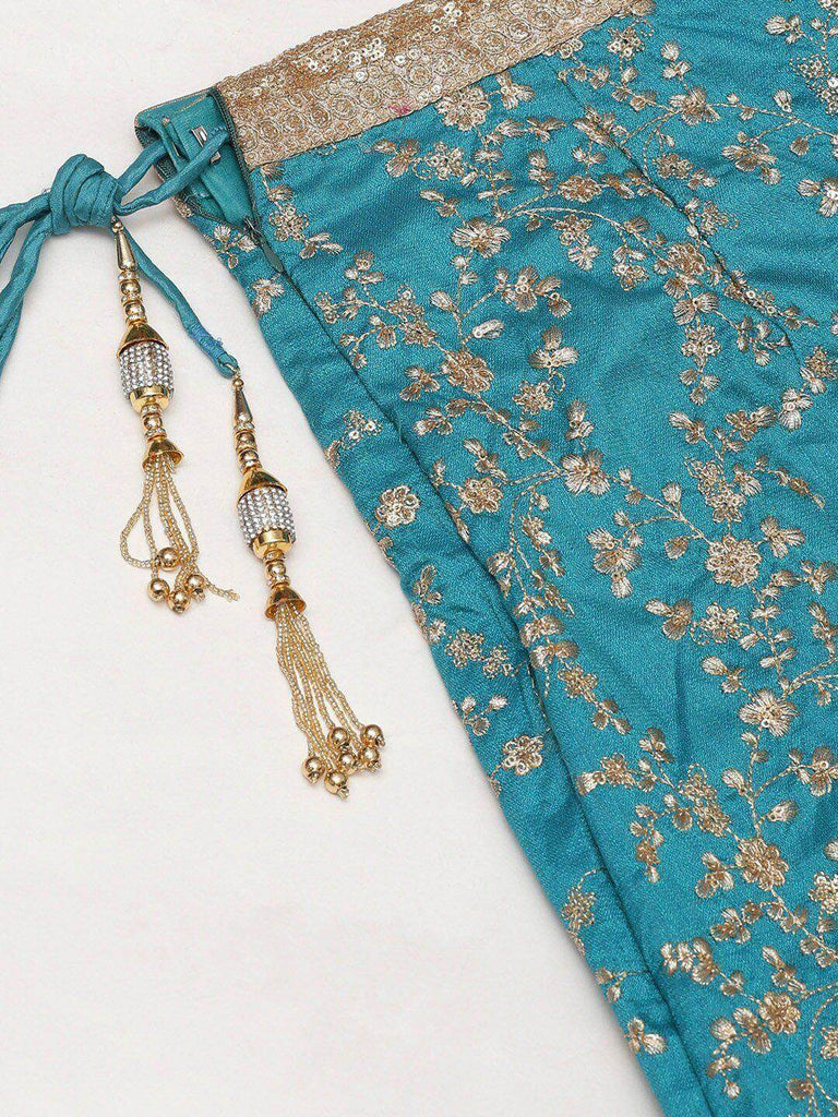 Turquoise Blue Semi-Stitched Myntra Wedding Wear Lehenga & Unstitched Blouse with Dupatta