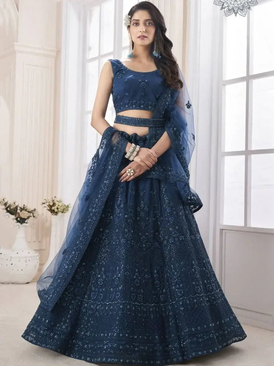 Beauteous Navy Blue Dori Embroidered Net Engagement Wear Lehenga Choli