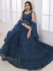 Beauteous Navy Blue Dori Embroidered Net Engagement Wear Lehenga Choli