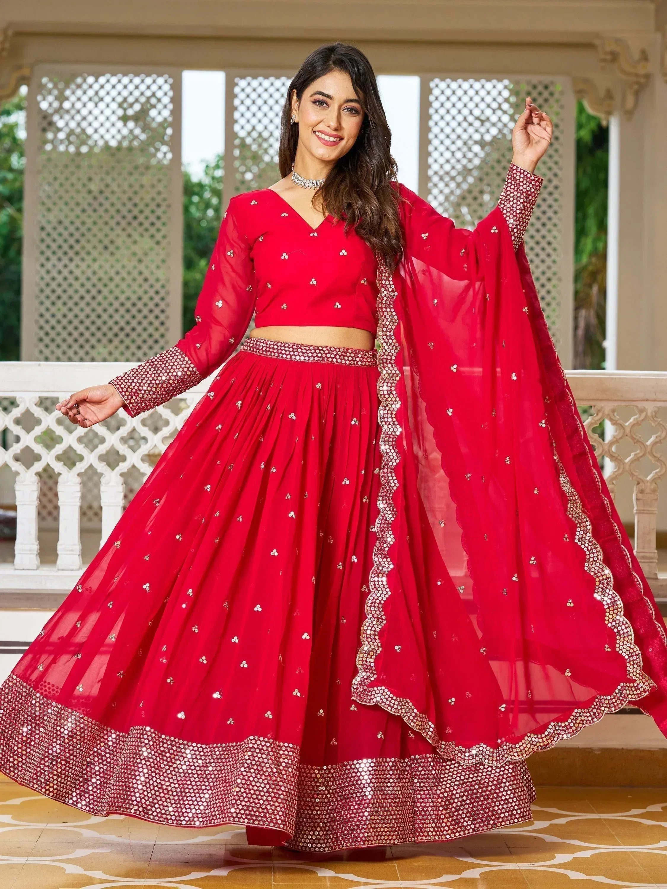 Red sequin lehenga choli with sheer dupatta, ethnic Indian wear for weddings and festivals