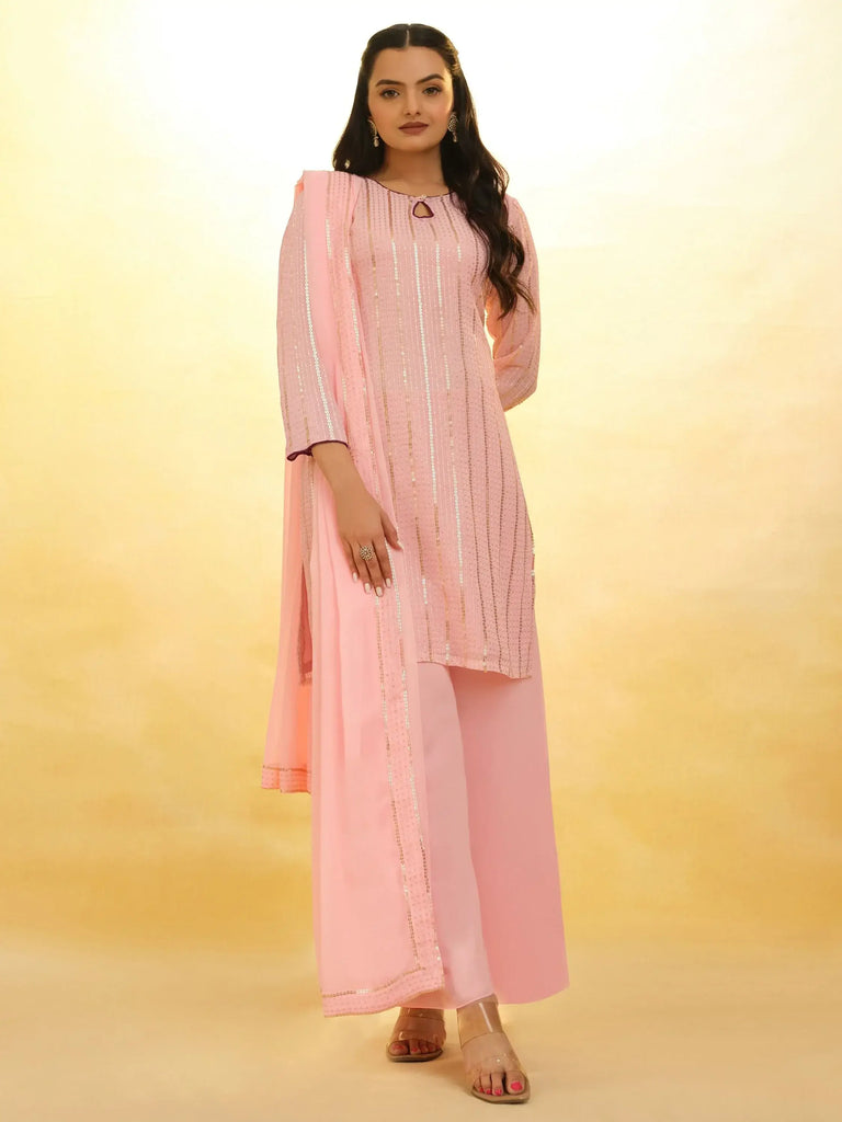 Gorgeous Baby Pink Sequins Georgette Event Wear Palazzo Suit