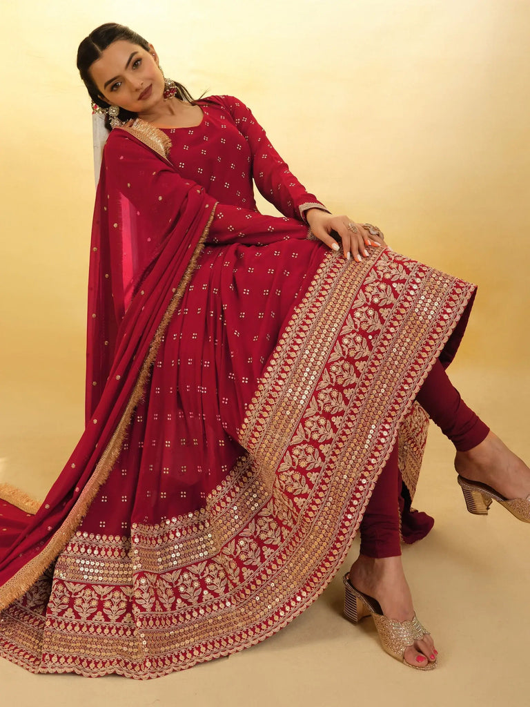 Fascinating Red Embroidered Georgette Wedding Wear Salwar Suit