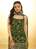 Glamorous Green Embroidered Georgette Mehendi Wear Sharara Suit