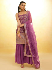 Alluring Purple Embroidered Georgette Reception Wear Sharara Suit
