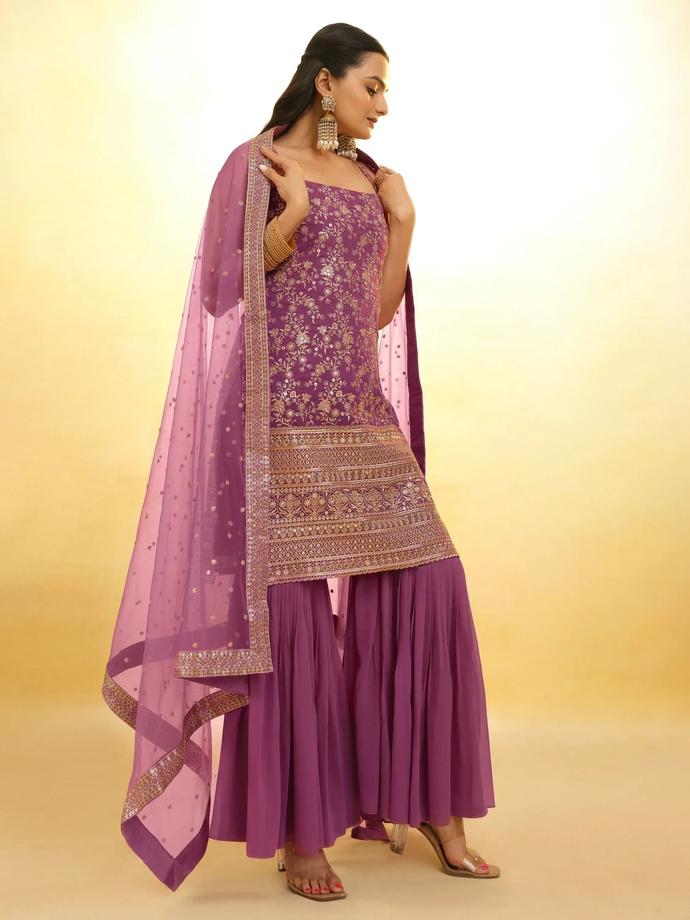 Purple embroidered Indian salwar kameez with dupatta, perfect for festive occasions and weddings