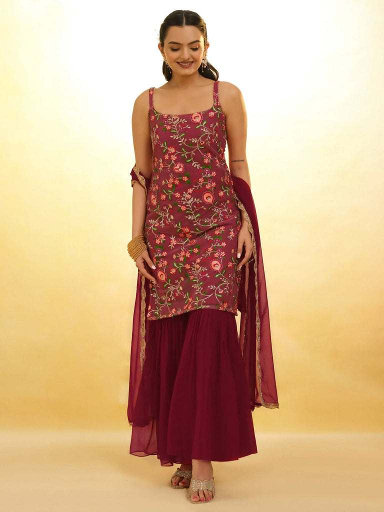 Captivating Maroon Embroidered Net Function Wear Sharara Suit