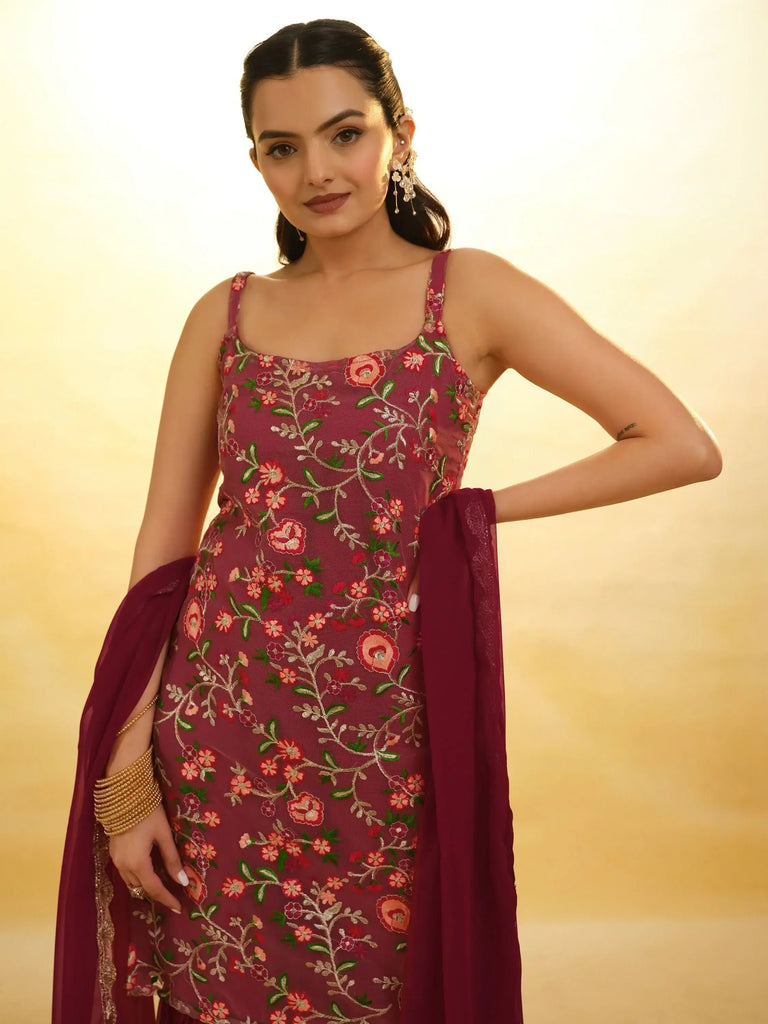 Captivating Maroon Embroidered Net Function Wear Sharara Suit
